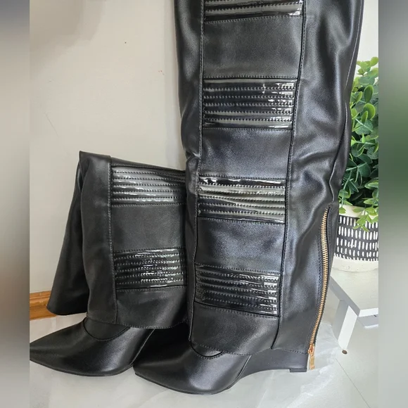 NWT Azalea Wang Victoria Knee High Wedge Boots Black Size 10 - Picture 12 of 12